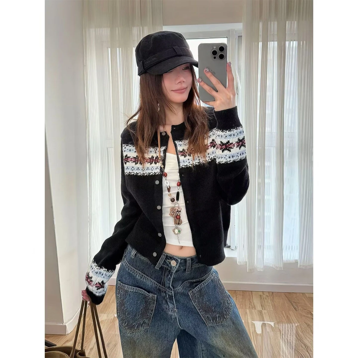 

Ретро-кардиган Retro2 R2 из шерсти New Island, вязаный, с вышивкой, теплый, с длинными рукавами, круглым вырезом, для женщин