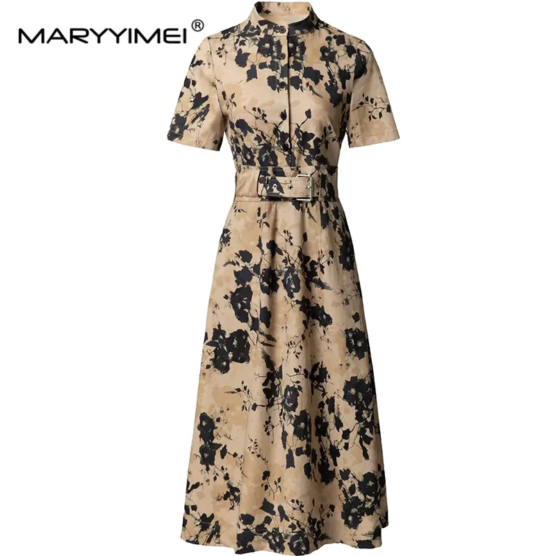 MARYYIMEI Fashion Design Spring Summer Women\'s Cotton Vintage Stand Collar Short-Sleeved Lace-UP Print Single Breasted Dresses