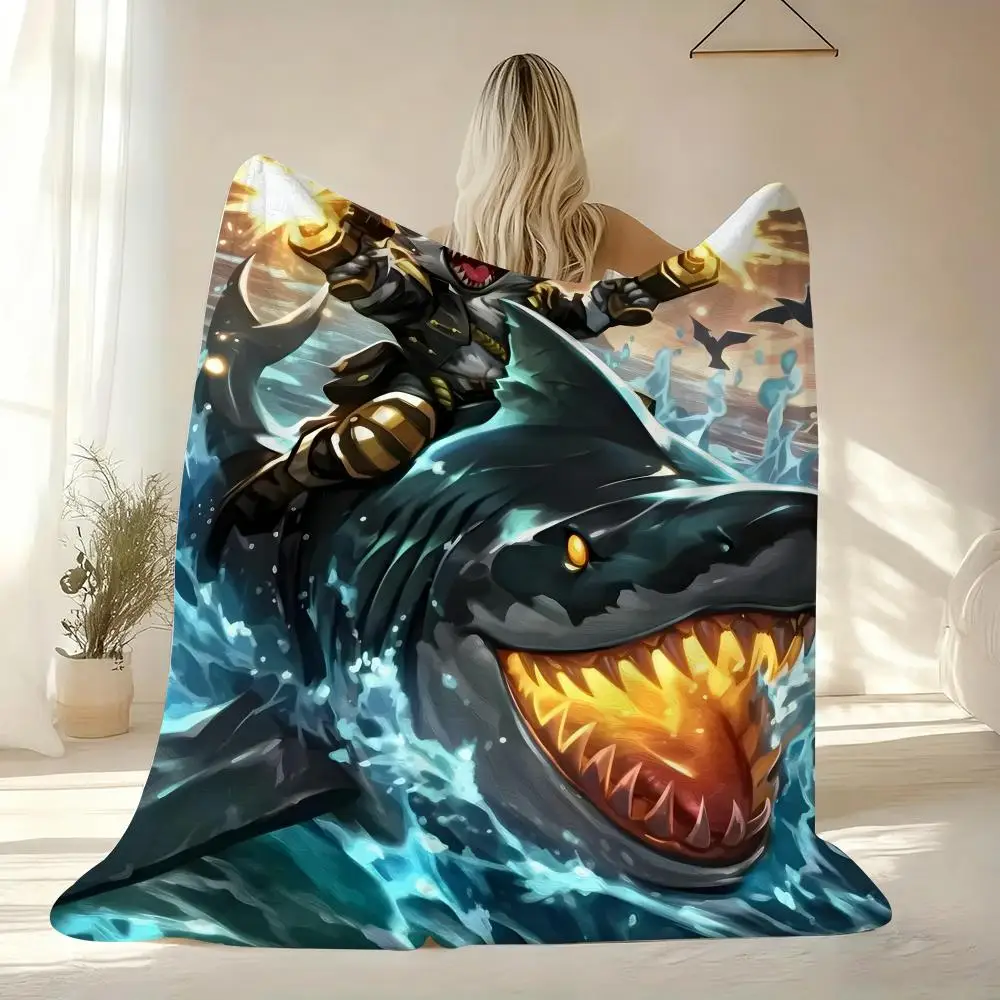 Cat Riding a Shark Throw Soft Flannel Throw Blanket Lightweight Cooling Summer AC Nap Blanket for Sofa Bed Couch Travel