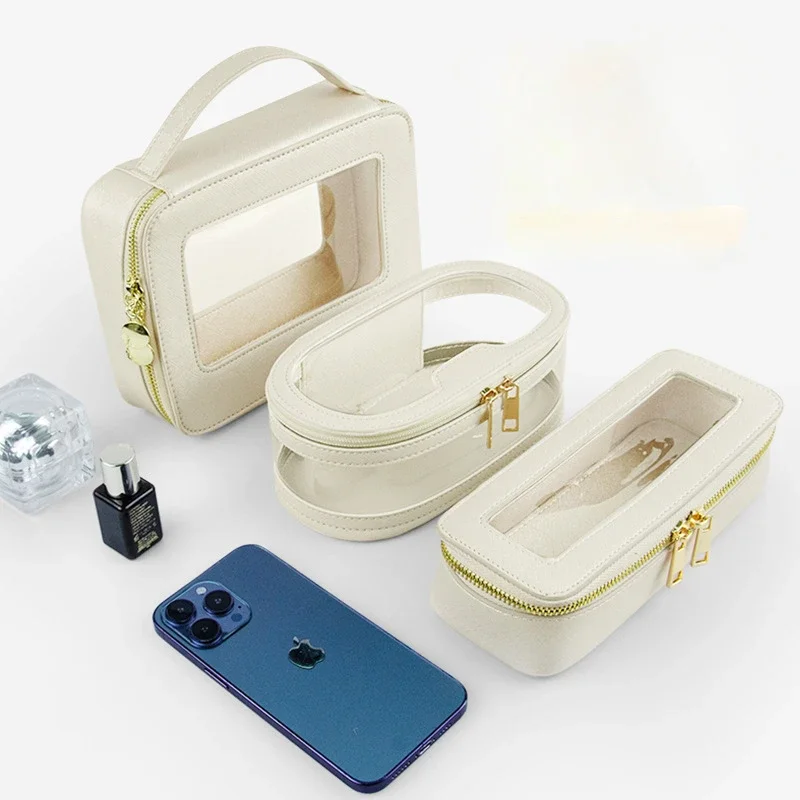 

Portable Travel Toiletry PVC Cosmetic Bag Case for Women, Heavy Duty Make Up Pouch with Transparent Vinyl Windows & Gold Zippers