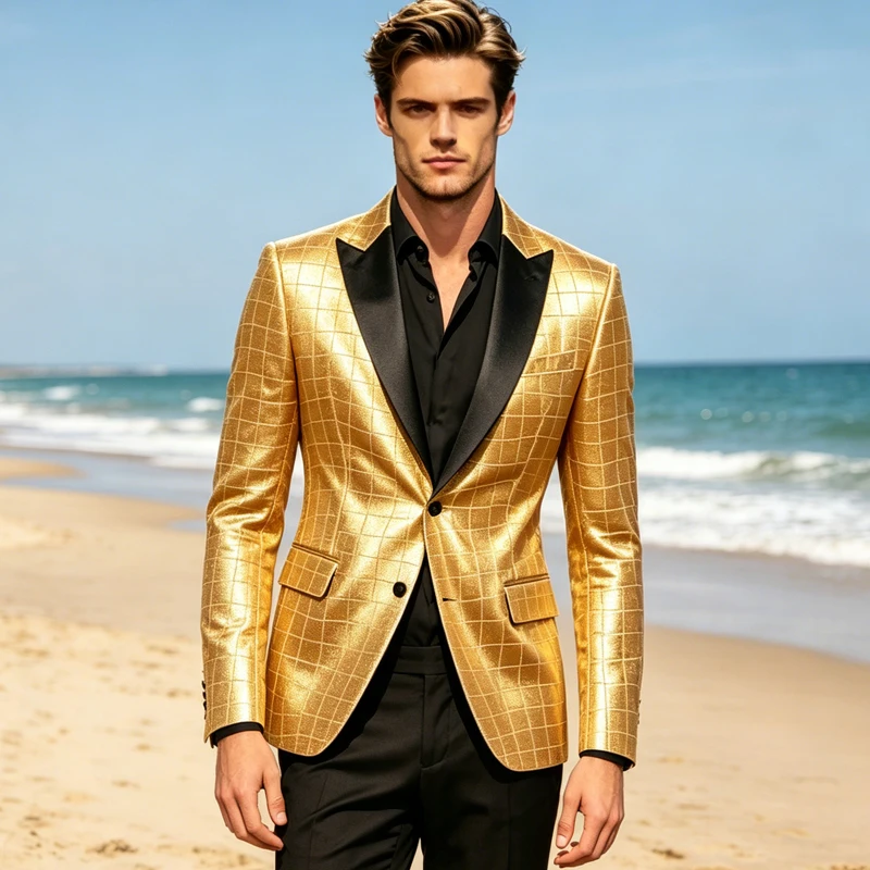 

Men's Crocodile Leather Blazer Satin Peak Lapel 2 Button Slim Fit Suit Jacket Business Casual Party Tuxedo Coat