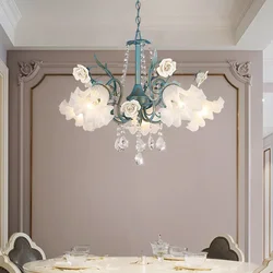 SANDYHA French Pastoral Pendant Lights Flowers Glass Crystal LED Chandelier Warm White Lighting Living Room Bedroom Decor Accent