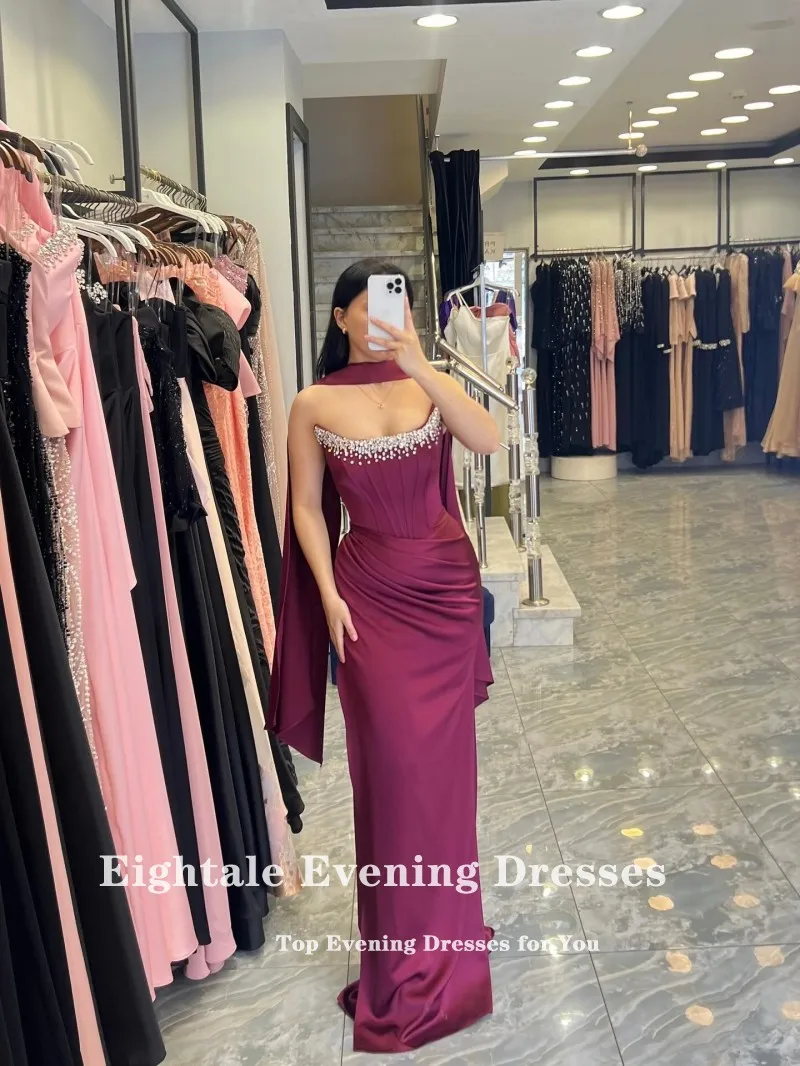 Eightale árabe vestidos de noite colher frisado plissados sereia cetim sexy personalizado vestidos de festa de baile para casamento