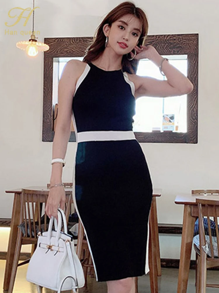 H Han Queen Summer Off The Shoulder Pencil Dress Women Sleeveless Elastic Knitted Sheath Dresses Elegant OL Work Vestidos New