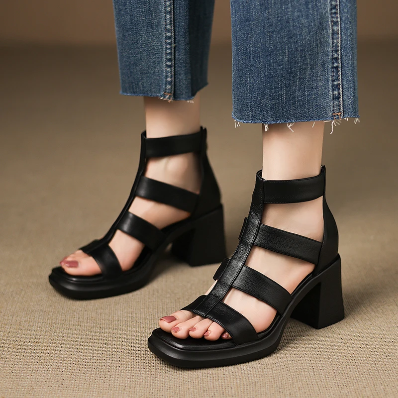 

Gladiator Sandals Women Braided Cow Leather Platform Chunky Heel Back Zipper Vintage Summer High Heels