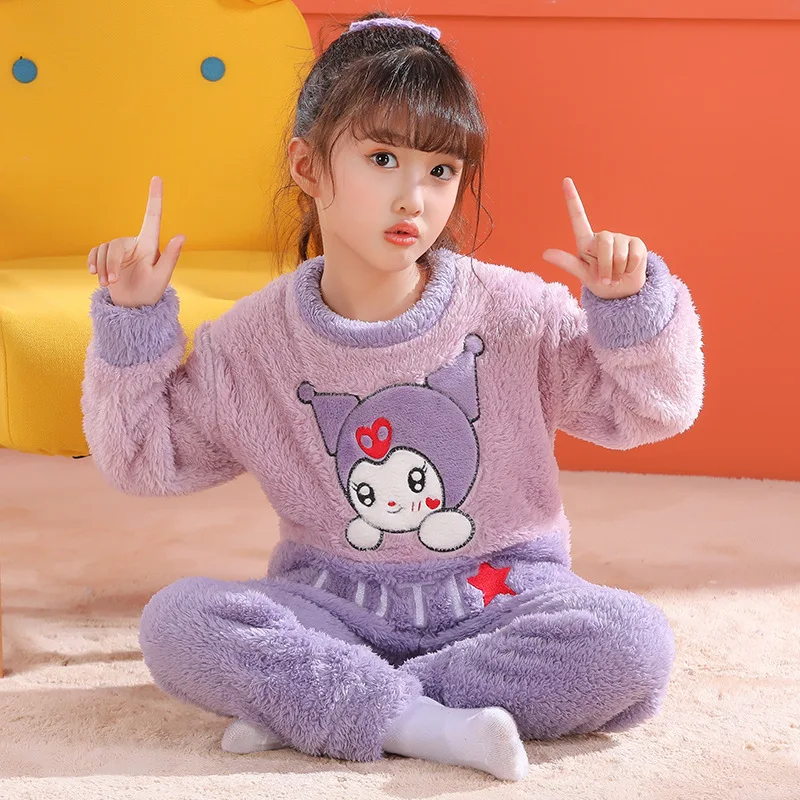 Sanrio Kuromi Thicken Children Pajamas Set Hello Kitty Cinnamoroll Winter Boy Girl Flannel Fleece Warm Sleepwear Kids Home Suit