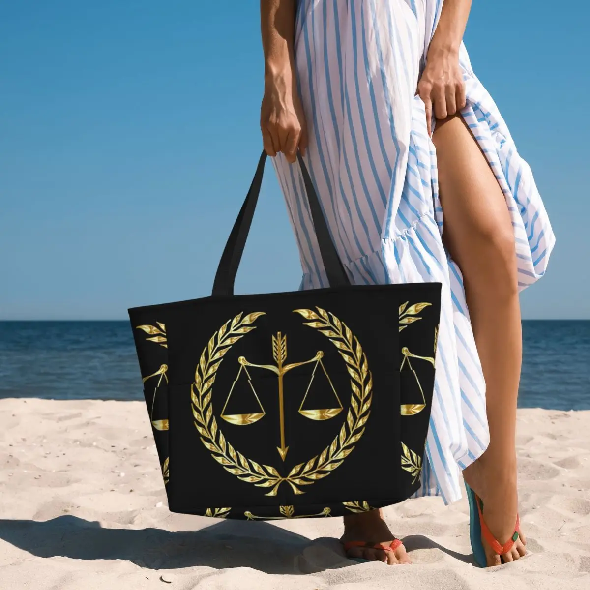 

Gold Scales Of Justice Law Logo Beach Tote Bag Sport Gym Yoga Duffle Large Tote Bag Women Travel Bag Fitness bag