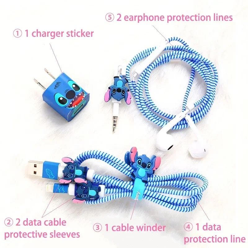 Stitch Iphone Charger Cable Protector Winder Charging Head Sticker Kawaii Cartoon Figure Data Line Headphone Usb Protection Wire