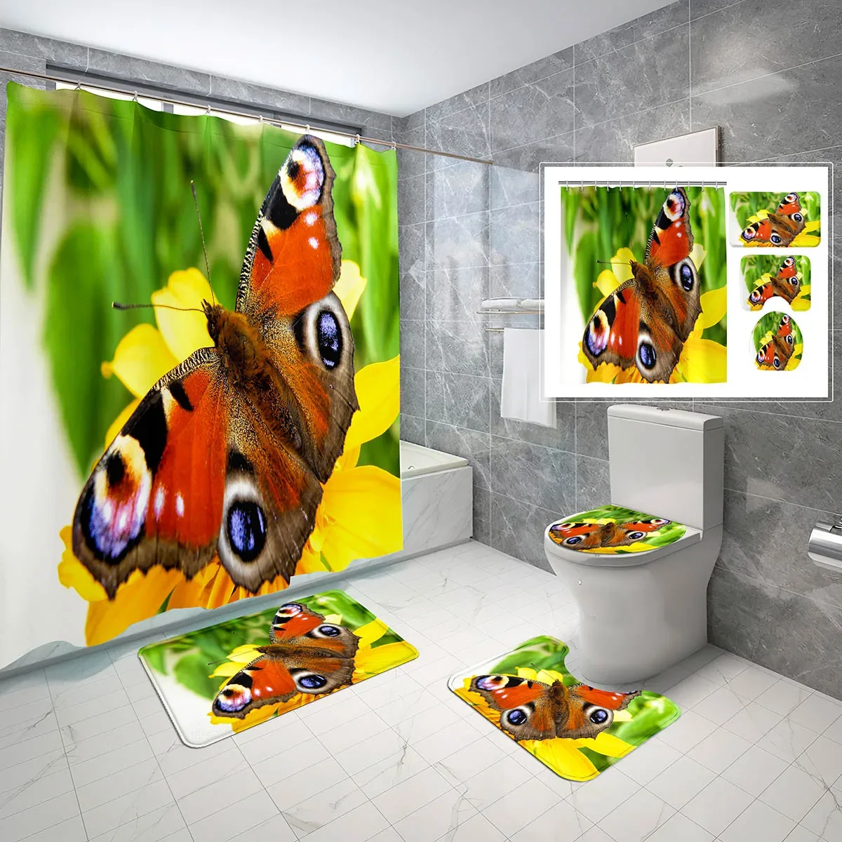 4 PCS Butterfly Shower Curtain Set Monarch Butterflies Fantasy Art Shower Curtain Bathroom Non-Slip Bath Mat Toilet Cover Cover