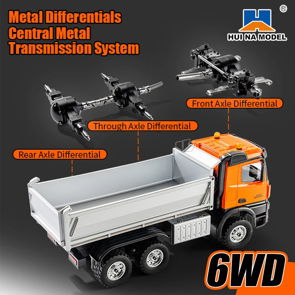 HUINA 1/14 합금 원격 조종 덤프트럭 14채널 1598 RC 트럭 6륜 구동 전기 공학 운송 RTR 차량 모델 장난감 어린이용
