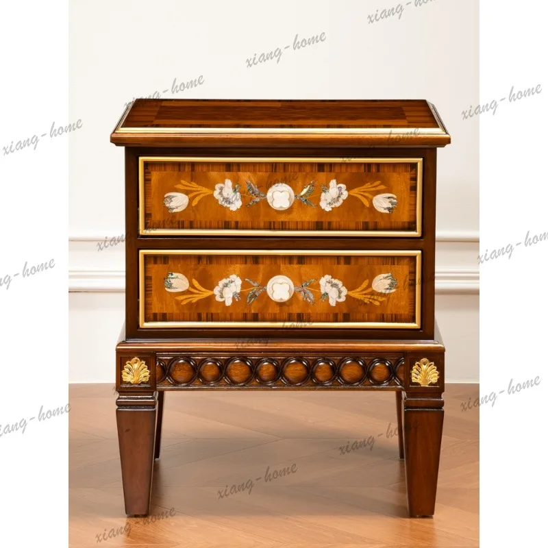 YJ American French retro shell inlaid chest mahogany double pumping bedside table