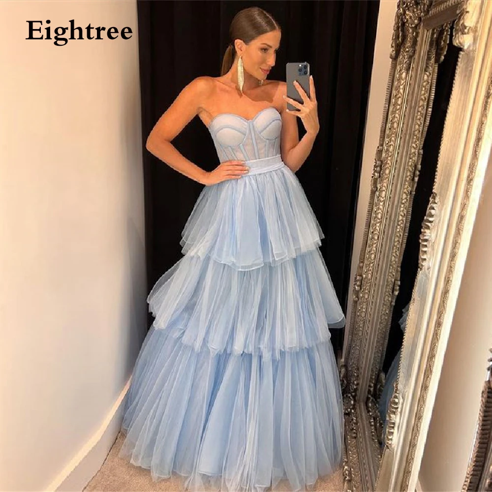 Eightree Light Blue Long Tiered Evening Dress Swetheart A Line Sleeveless Formal Night Prom Dresses Party Ball Gowns 2022