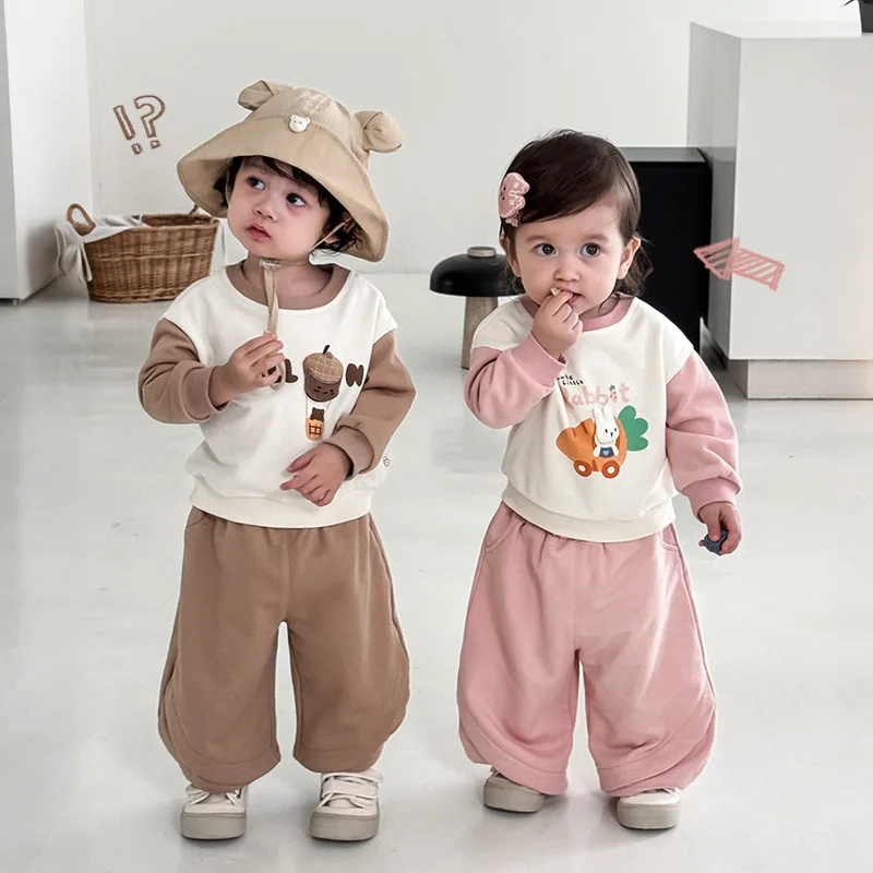 

Children's Doll Set 2025 New Autumn Cute Printed Pants for Girls and Solid Color Pants for Boys, Two Piece Set