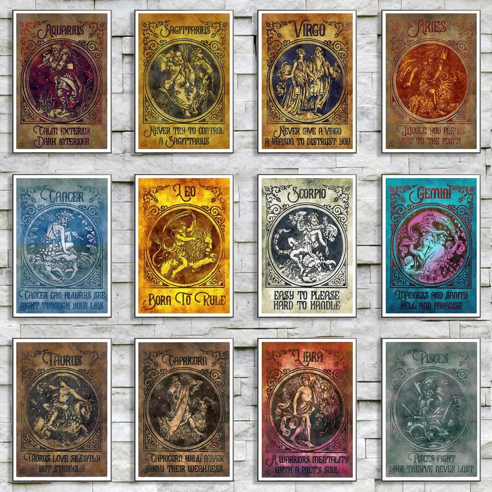 

Vintage 12 Signs Decor Poster And Prints Zodiac Horoscope Canvas Art Astrology Retro Wall Painting For Living Room Mural Picture