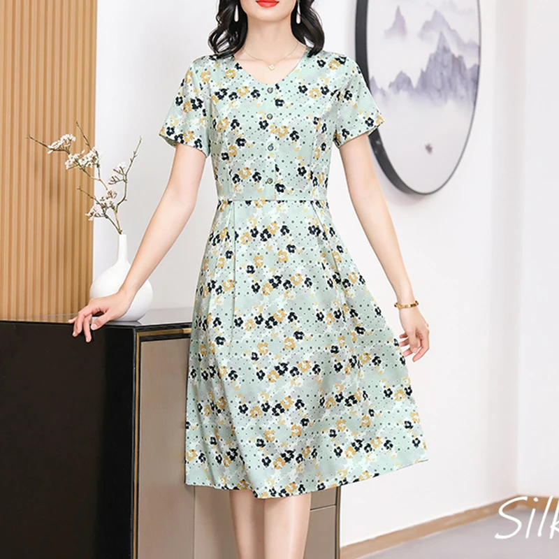 BirdTree 91.8%Real Silk Plus Size Dresses Women,V-Neck Short Sleeves,Floral Slim Elegant A-line Dress,2024 Spring New D42290QD