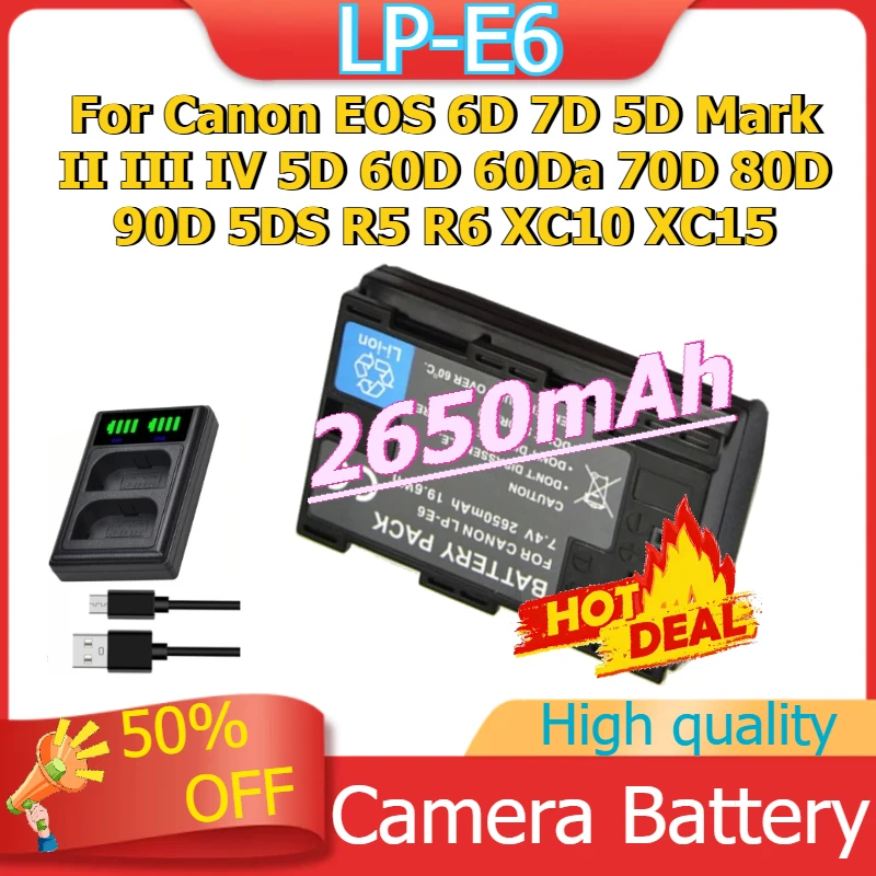 

LP-E6 Digital Battery for Canon EOS 6D 7D 5D Mark II III IV 5D 60D 60Da 70D 80D 90D 5DS R5 R6 XC10 XC15 Camera Battery 2650mAh