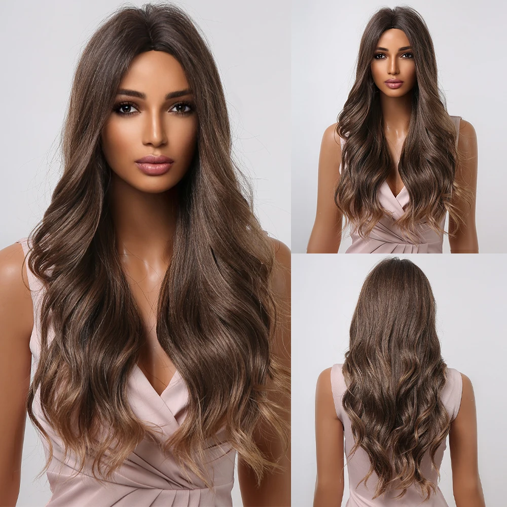 Long Brown Synthetic Wigs Ombre Light Brown Hair for Black Women Natural Wavy Wig Middle Part Cosplay Wigs Heat Resistant Fiber