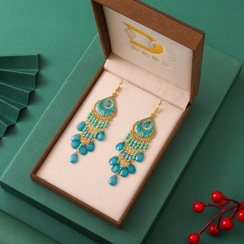 Bohemian Ethnische Lange Antik Gold Farbe Emaille Wasser Tropfen Ohrringe für Frauen Bunte Reis Perle Quaste Ohrring Pendientes Mujer – Detail 3
