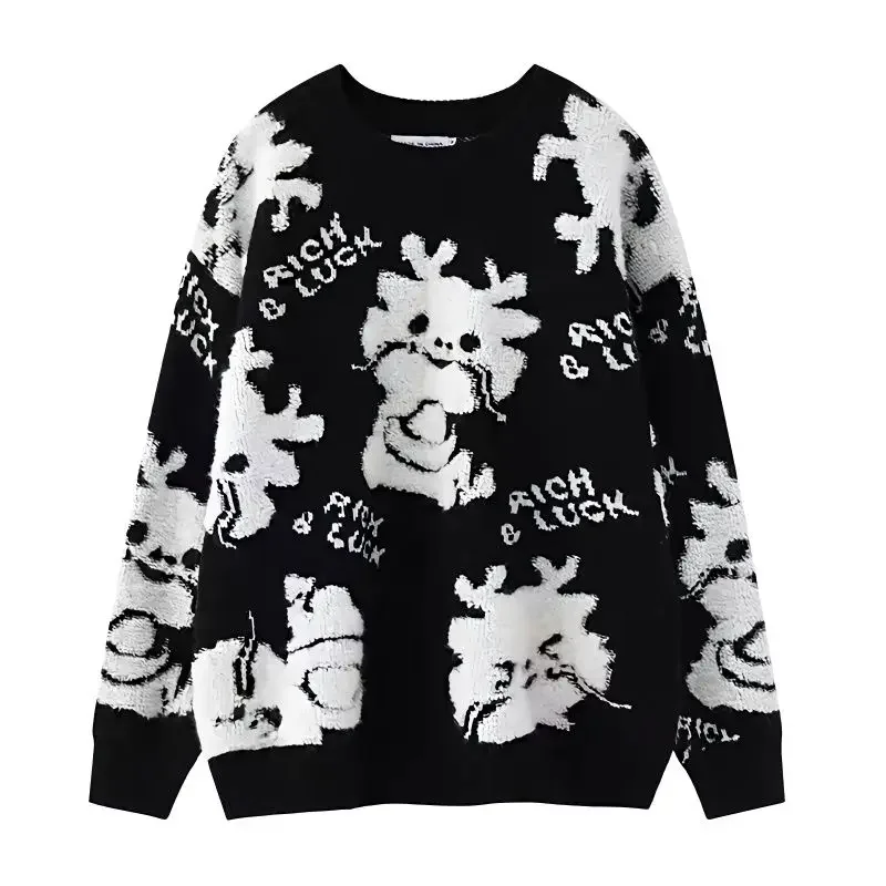 Autumn and Winter Women's Pullover Round Neck Long Sleeve Color Block Letter Cartoon Elastic Loose Sweater Fashion Casual Tops