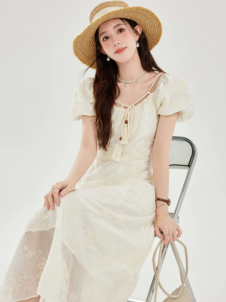 Damesmode jacquard strik vierkante kraag lange jurk zomer bladerdeeg mouw elegante luxe jurk 2025, Koreaanse vintage festivaljurken