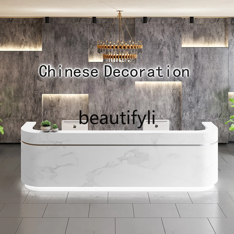 

Company paint front desk reception desk imitation marble beauty salon checkout page curved desk custom bar cabinet