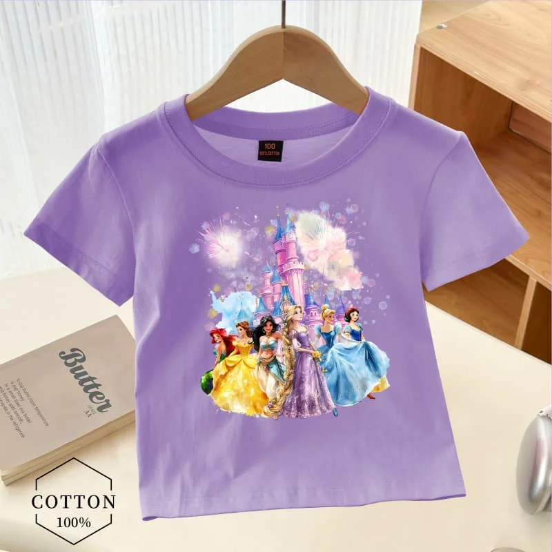 

Disney Princess Magical Disney Castle Watercolor Princess Kawaii Girl Short Sleeved TShirt Belle Ariel Cinderella Aurora Kid Tee