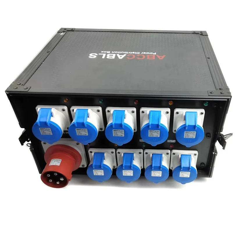 Durable 9-Channel Aluminum Portable Power Distribution Box 1600W 5-Pin 63A Input 3-Pin 16A Output for Stage Lighting