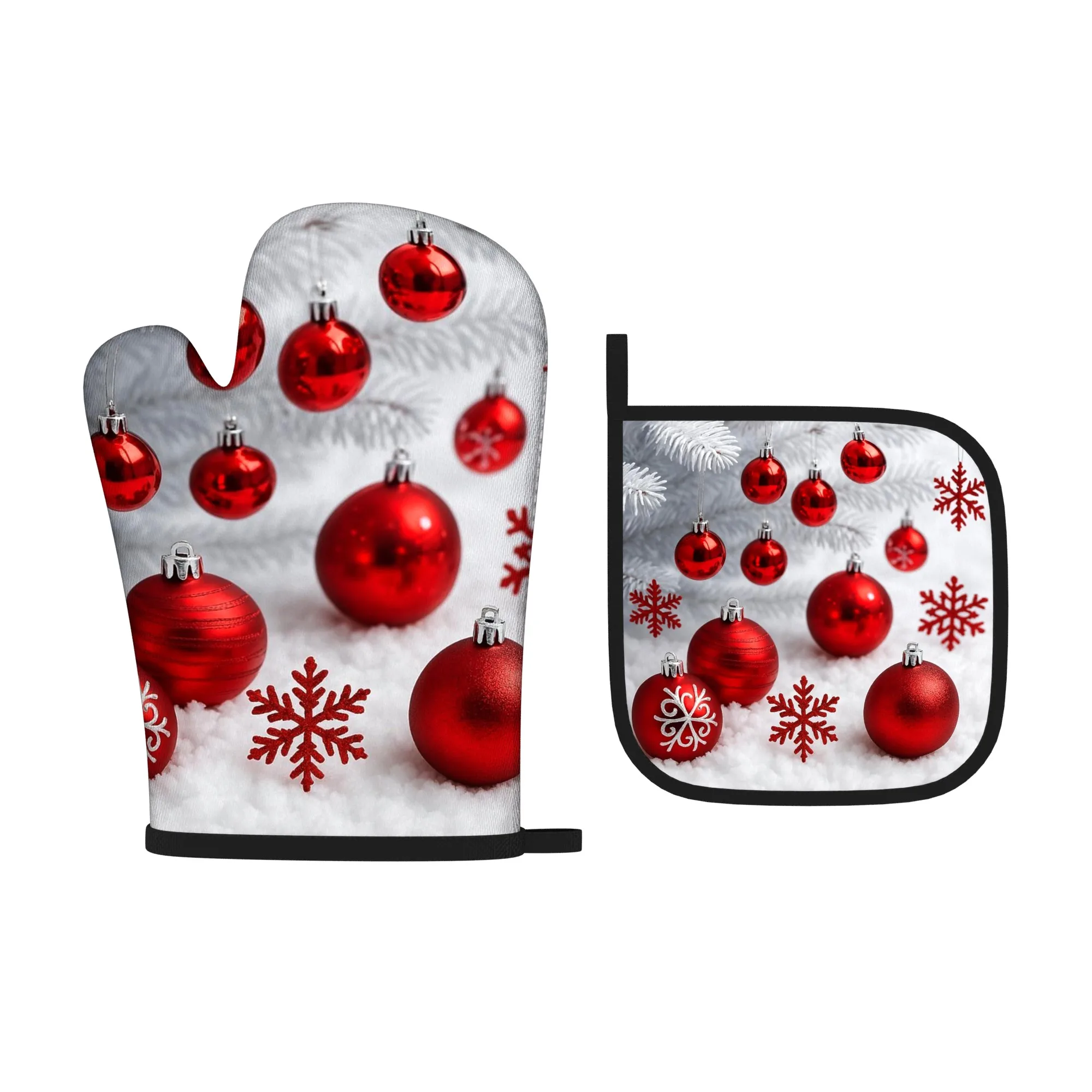 2pcs 10.6*6.7 Inch Oven Mitts And Pot Holders Hot Image Christmas Balls Snowflakes Heat Resistant Oven Mitts And Pot Holders