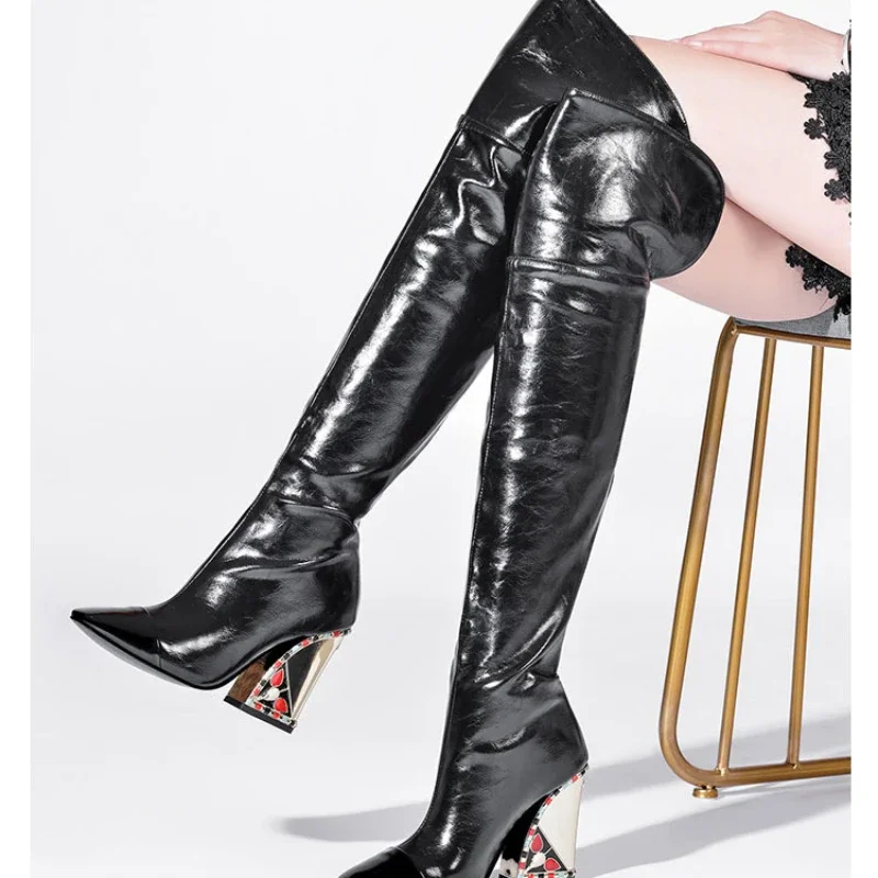 Colored Rhinestone Cowhide Mid Tube/knee Length Boots Thick Heeled Square Toe Black Gold Runway Runway Performance High Heels