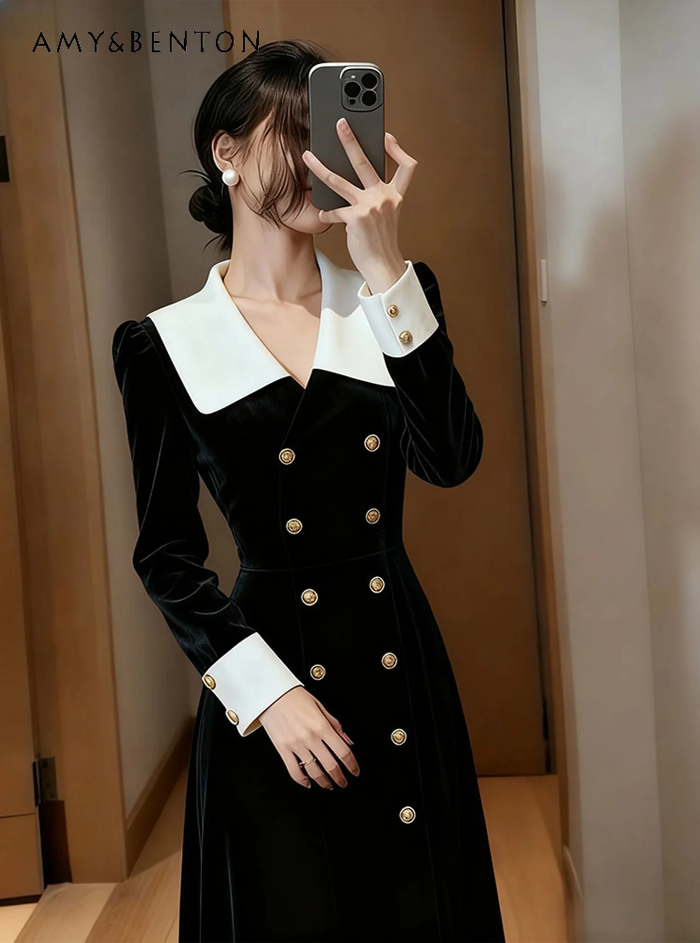 2025 Autumn Winter New Hot Sale Korean Style High-End Black Velvet Casual Dress Evening Host Slim Long Dress