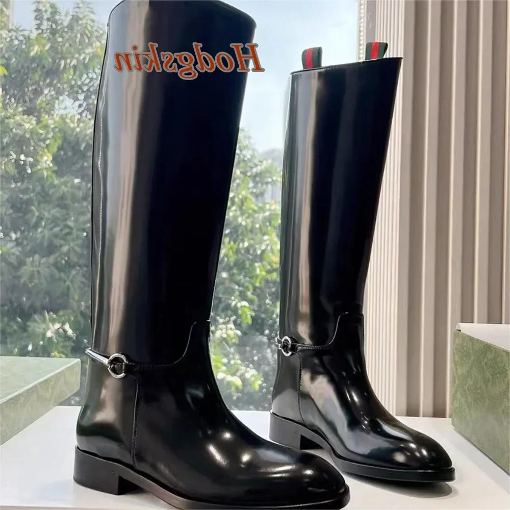 

2025 New Arrivals Casual Winter Boots Solid Patent Leather Metal Boots Knee High Chunky Low Heel Slip On Round Toe Boots Fashion