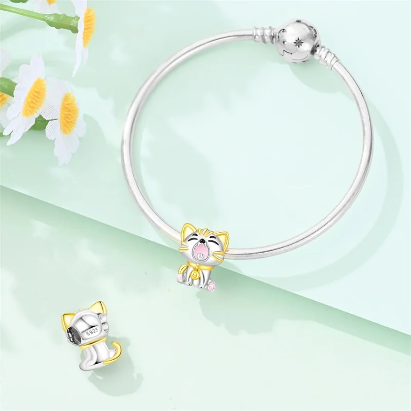 

925 Sterling Silver Mischievous Little Flower Cat Charms Beads For Women Fit Original Bracelet DIY Birthday Party Jewelry Gift