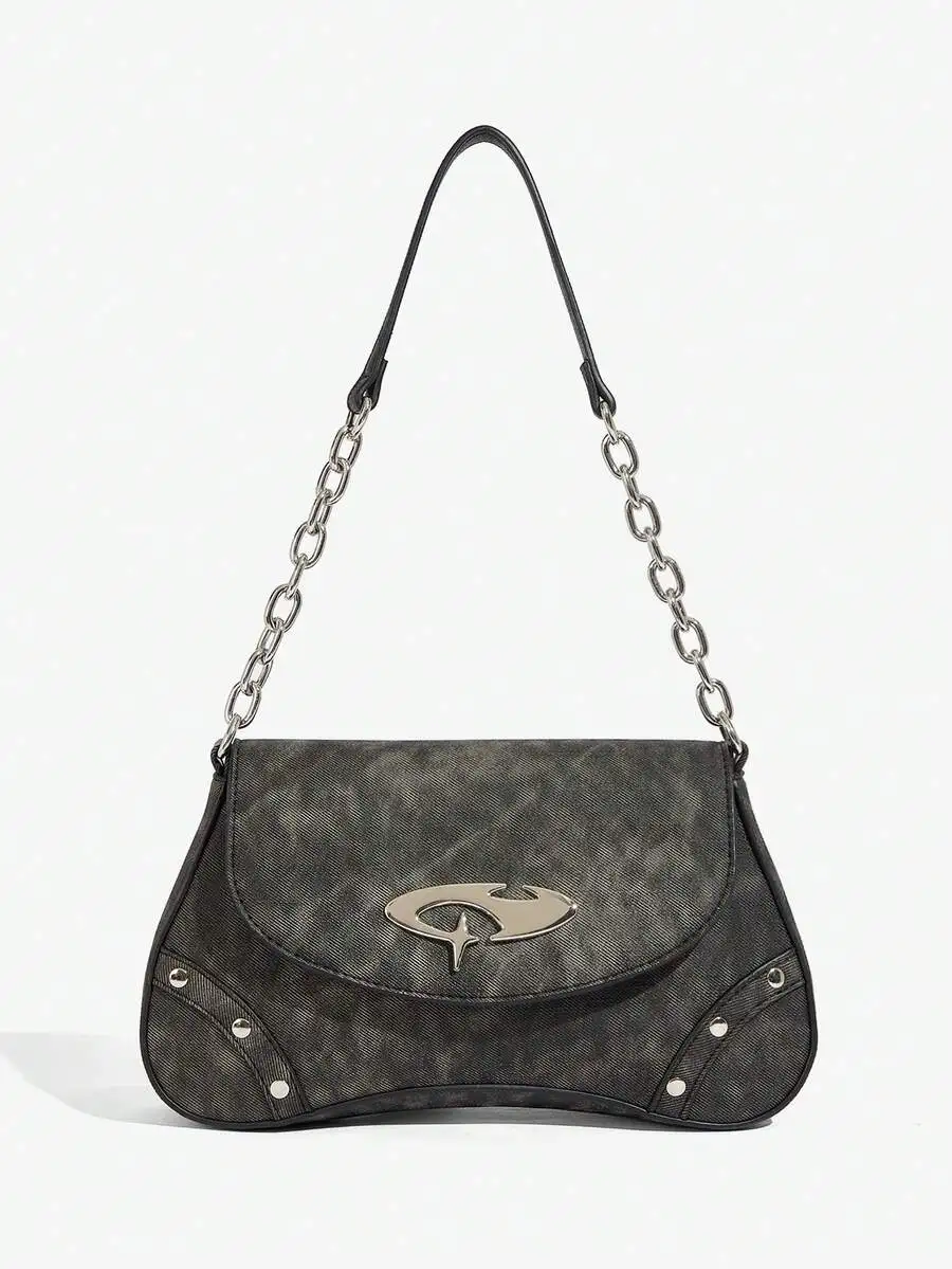 

Distressed Black Faux Leather Shoulder Bag with Metal Chain Strap and Stud Detail