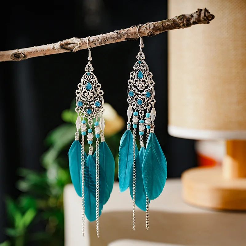 Trendy Boho Feather Long Dangle Drop Earrings Women Handmade Chain Tassel Beads Wedding Female Earrings Pendientes Jewelry Gift