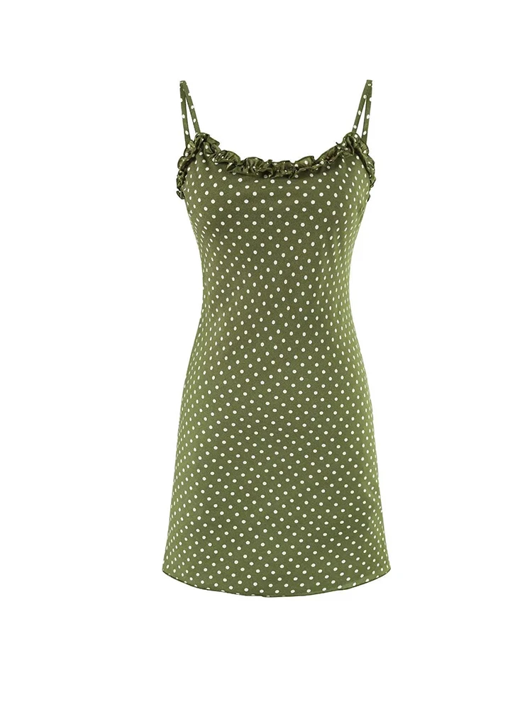 Summer Dot Print Spaghetti Strap Green Dress Women Sleeveless A-line Mini Dresses