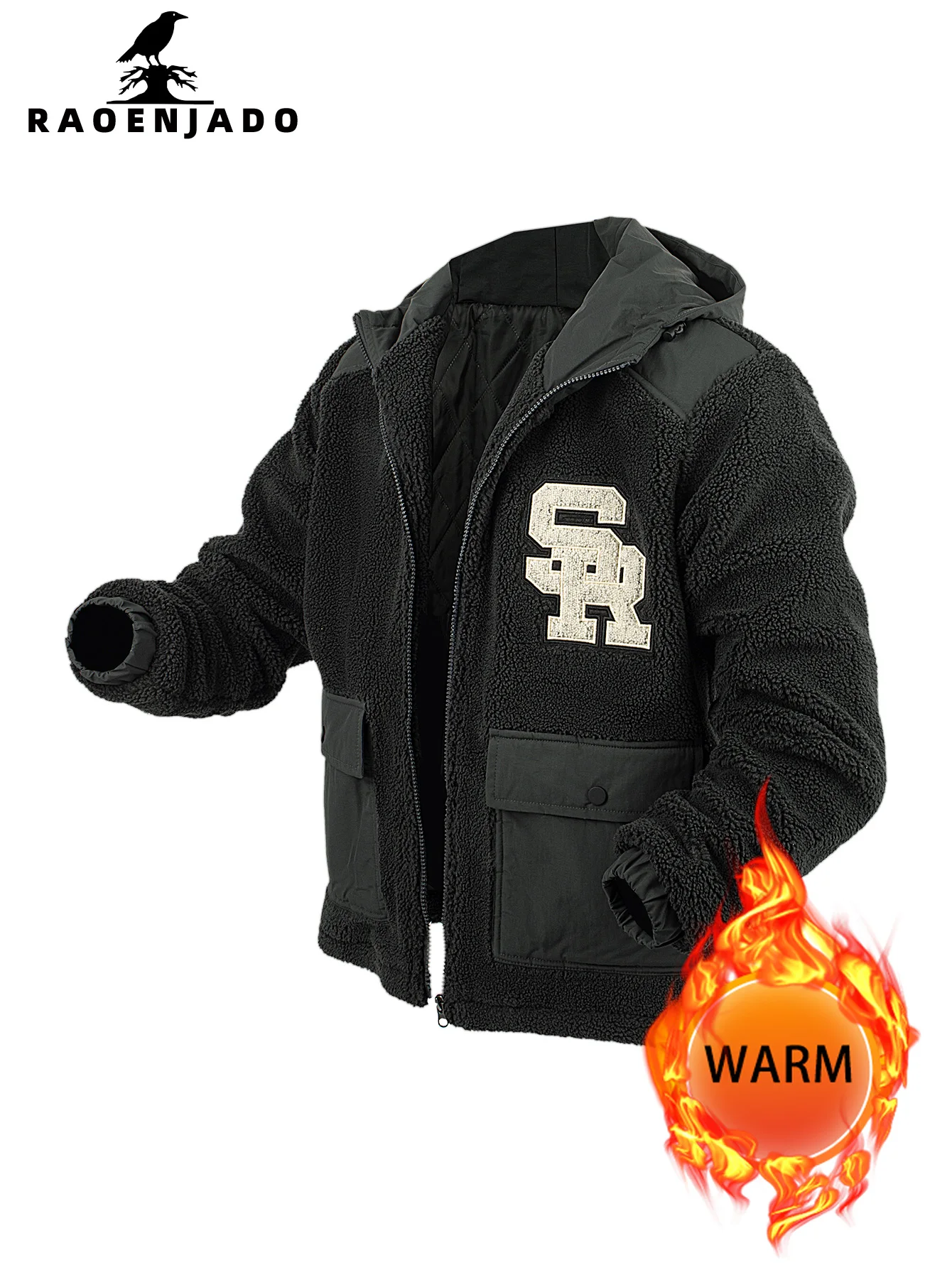 المرأة حجم كبير مقنعين الصوف جاكيت زيبرا سميكة الدافئة الشتاء المرقعة ملابس خارجية معطف فضفاض الأبجدية التطريز #3