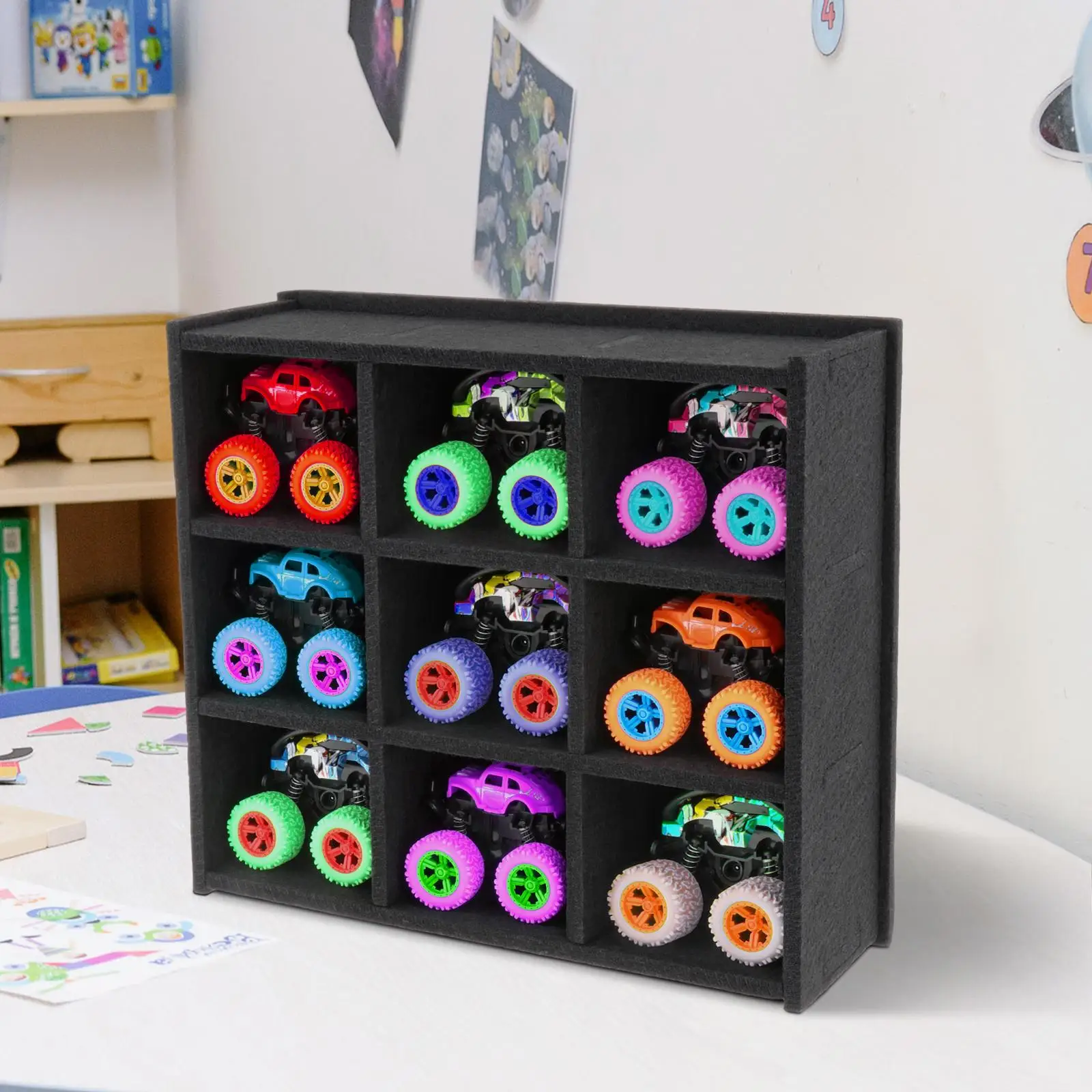 Monster Trucks Toy Wall Mounted Display Case with 9 Slots Felt Material for Children Multifunctional Accessory Convenient