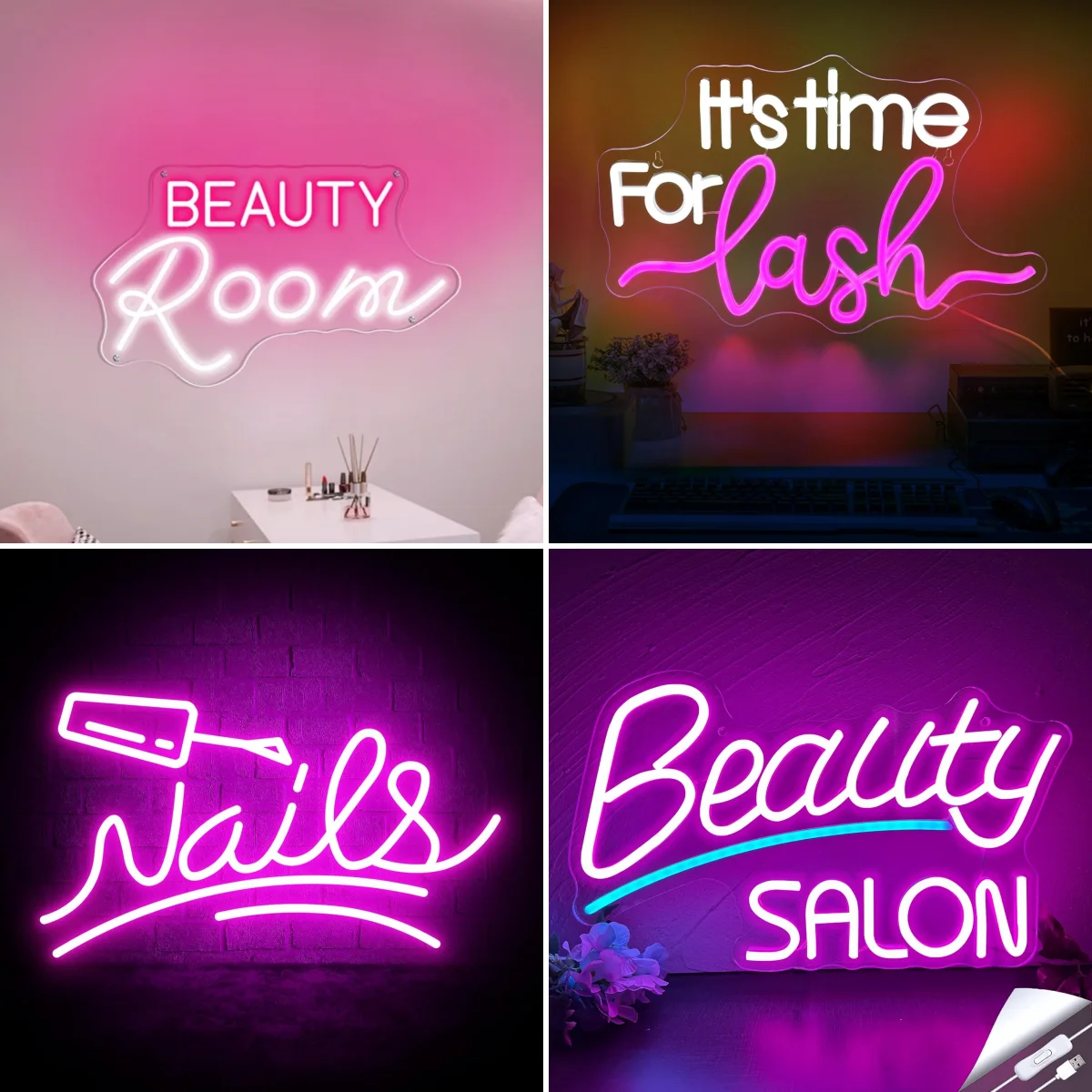 Beauty Room Neon Signs For Wall Decor Pink Letter Light Up Sign Nails Salon Eyelash Hair Studio Club Art Logo USB Powered Lamp