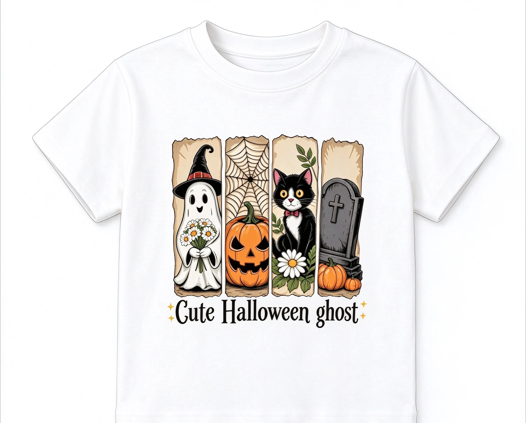 Cute Halloween Ghost Kids T Shirt Retro Pumpkin Black Cat Print Boys Girls Short Sleeve Tee Children Holiday Party Top