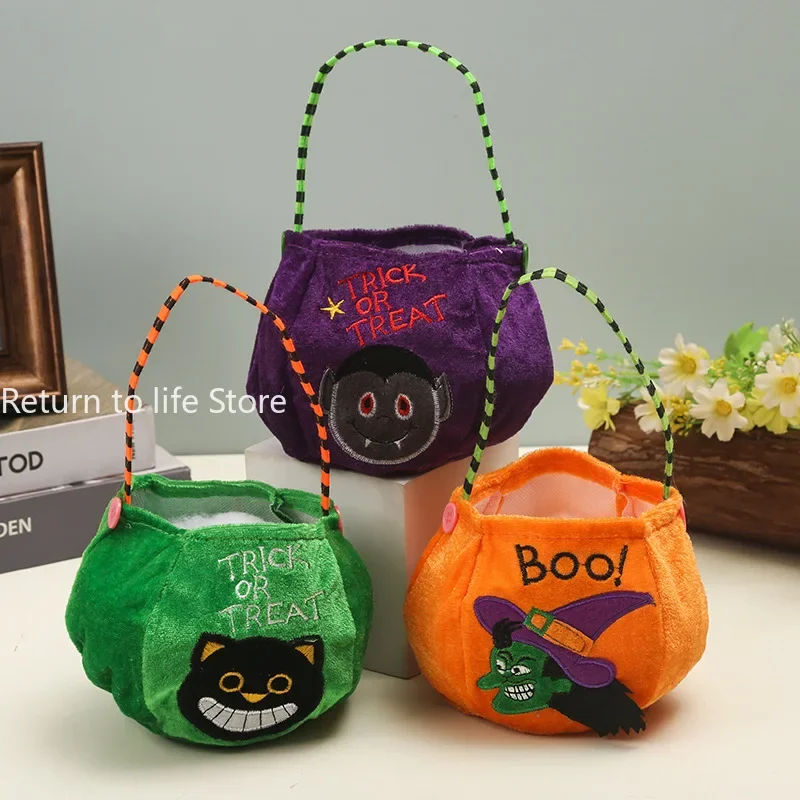 Borsa per caramelle portatile ricamata di Halloween per bambini Cestino per oggetti decorativi portatili Borsa per caramelle con secchiello per zucca di Halloween