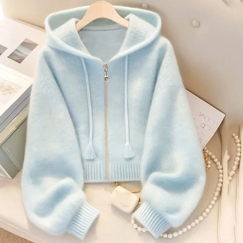 

Lucyever Fall Winter Cardigan Sweaters Women Soft Blue Zipper Hooded Knitted Jacket Woman Korean Fashion Loose Outwear Tops New