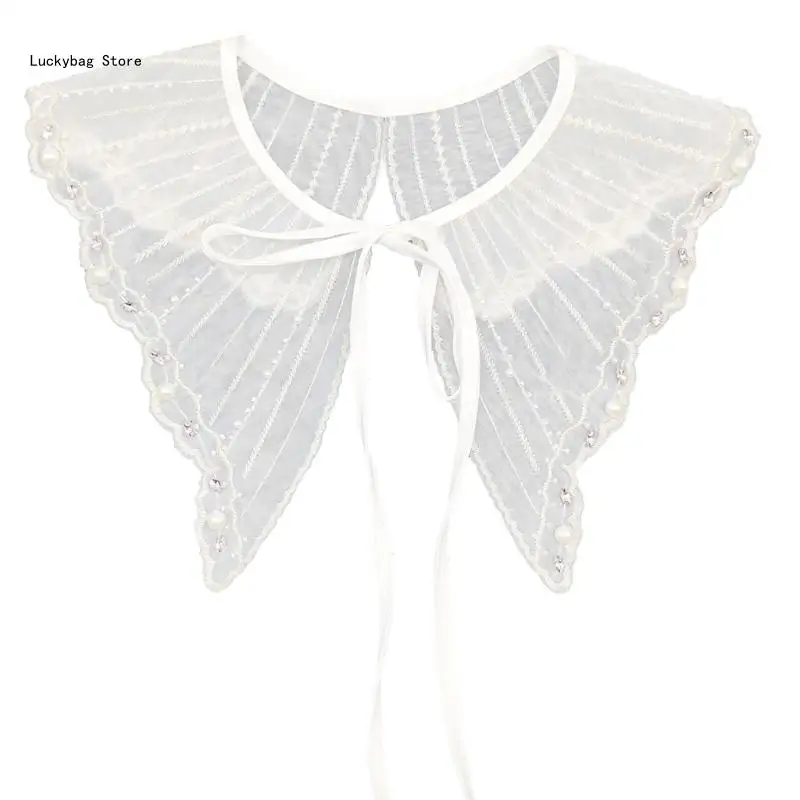 

Women Imitation Pearl Beaded Detachable Fake Collar Shawl Embroidery Striped Jewellery Necklace Lace-Up Bowknot Capelet