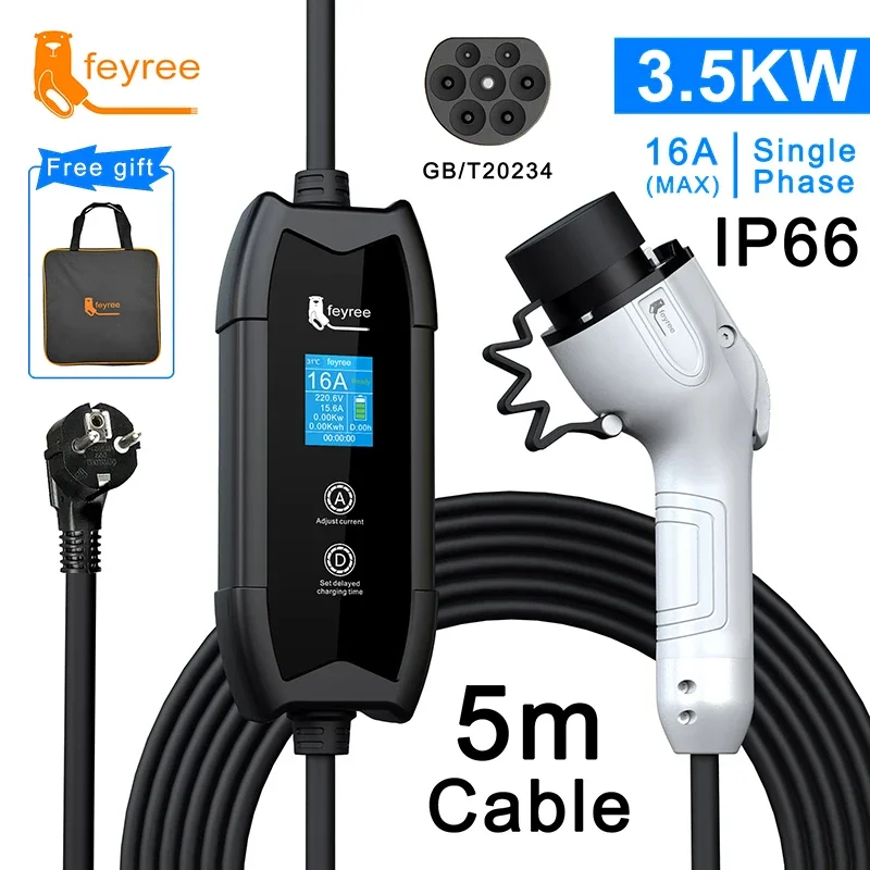 Feyree EV Charger Type 2 16A 3.5kW GBT Electric Car 5M Charging Cable J1772 Type 1 Wallbox for Electric Vehicle Car