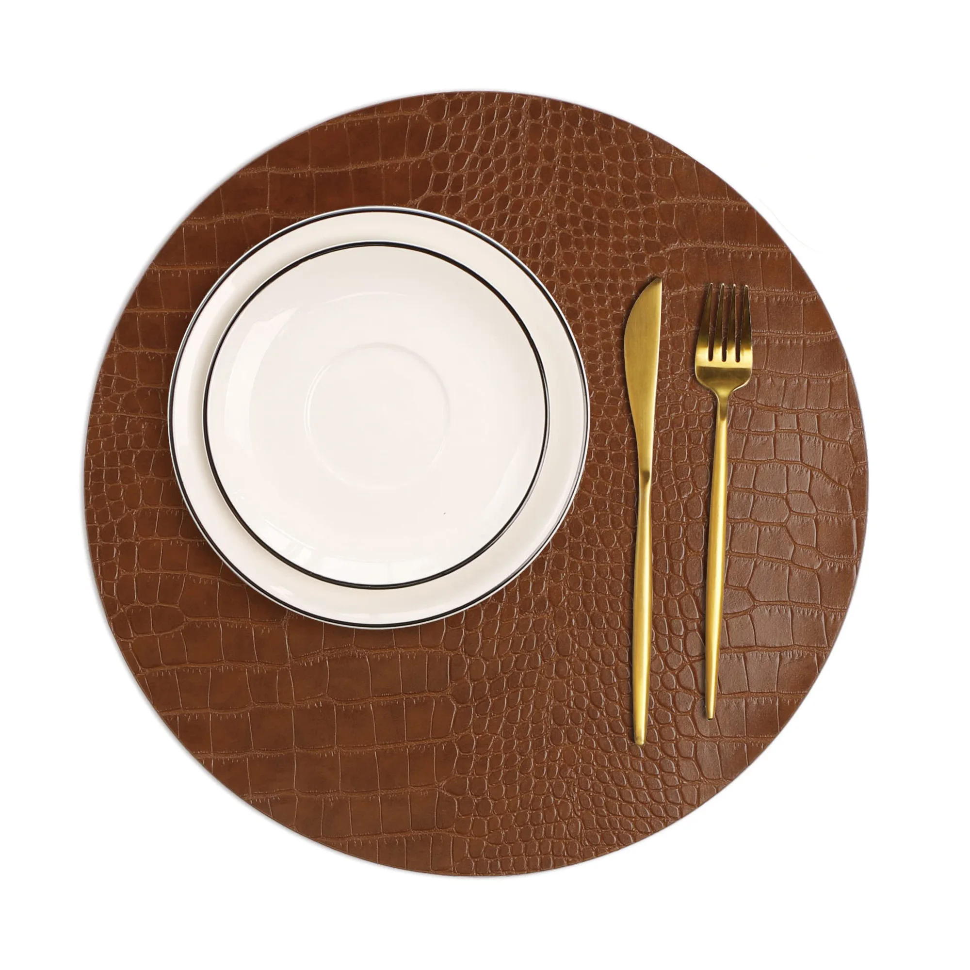 Round Oval Leather Placemats for Round Tables , Brown Table Place Mats, Washable Easy to Care for Indoor Decor