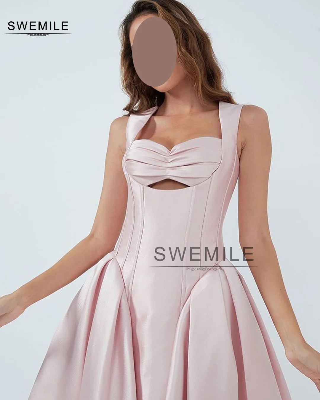 SWEMILE A-Line Square Neckline Ankle-Length Satin Hollow Out Wedding Party Dress Prom Dress Women فستان حفلات الزفاف