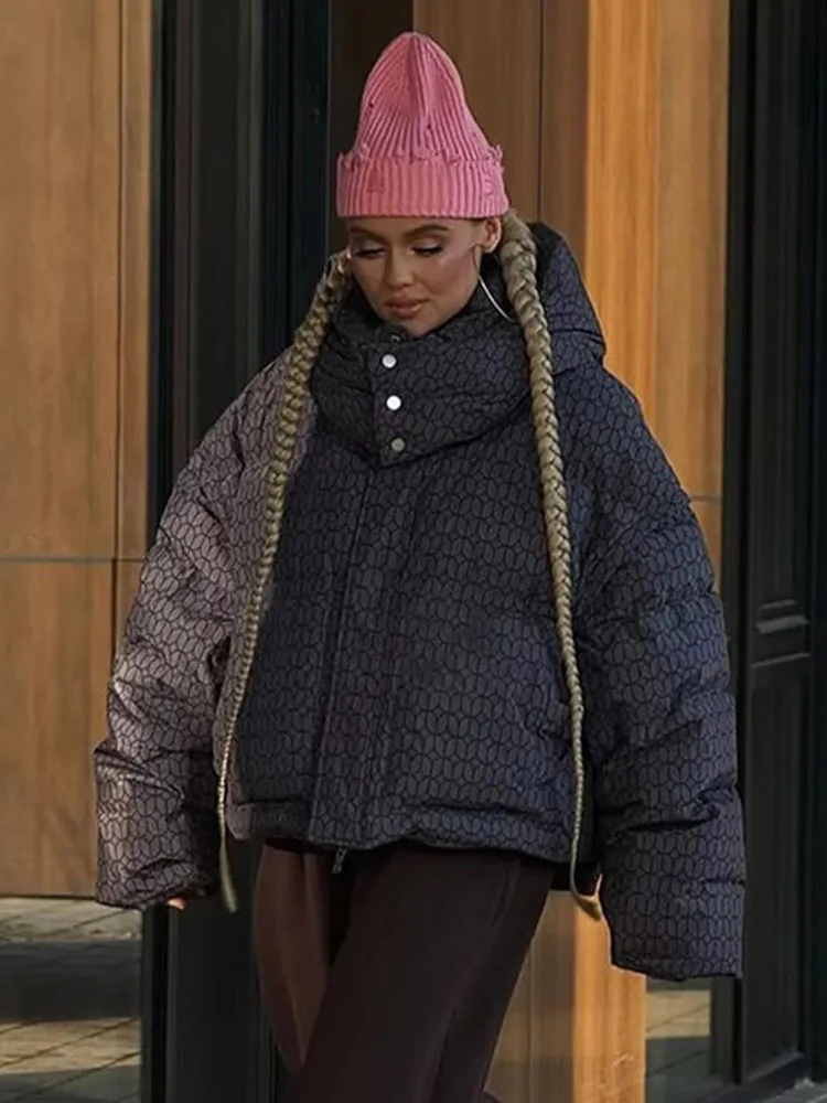 HH-Chaqueta con capucha estampada Simple para Mujer, moda de invierno, abrigo de algodón de manga larga con decoración de bolsillo y cremallera para Mujer