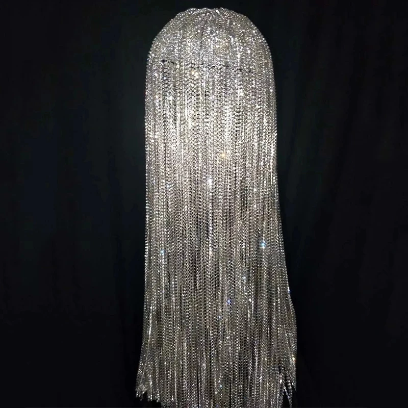 Silver Rhinestone Chain Wig Headdress Headgear Bar Ds Dj Female Singer Dance Flashing Diamond Rave Costume Accessories