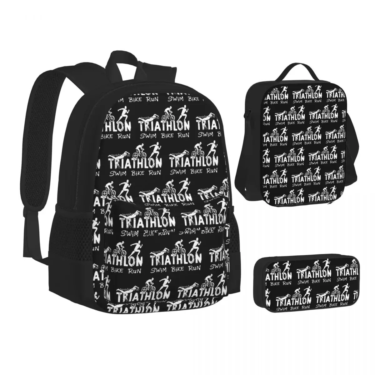 Triathlon Swim Bike Run Athlete Backpacks Boys Girls Bookbag School Bags Kids Rucksack Lunch Bag Pen Bag Three-Piece Set