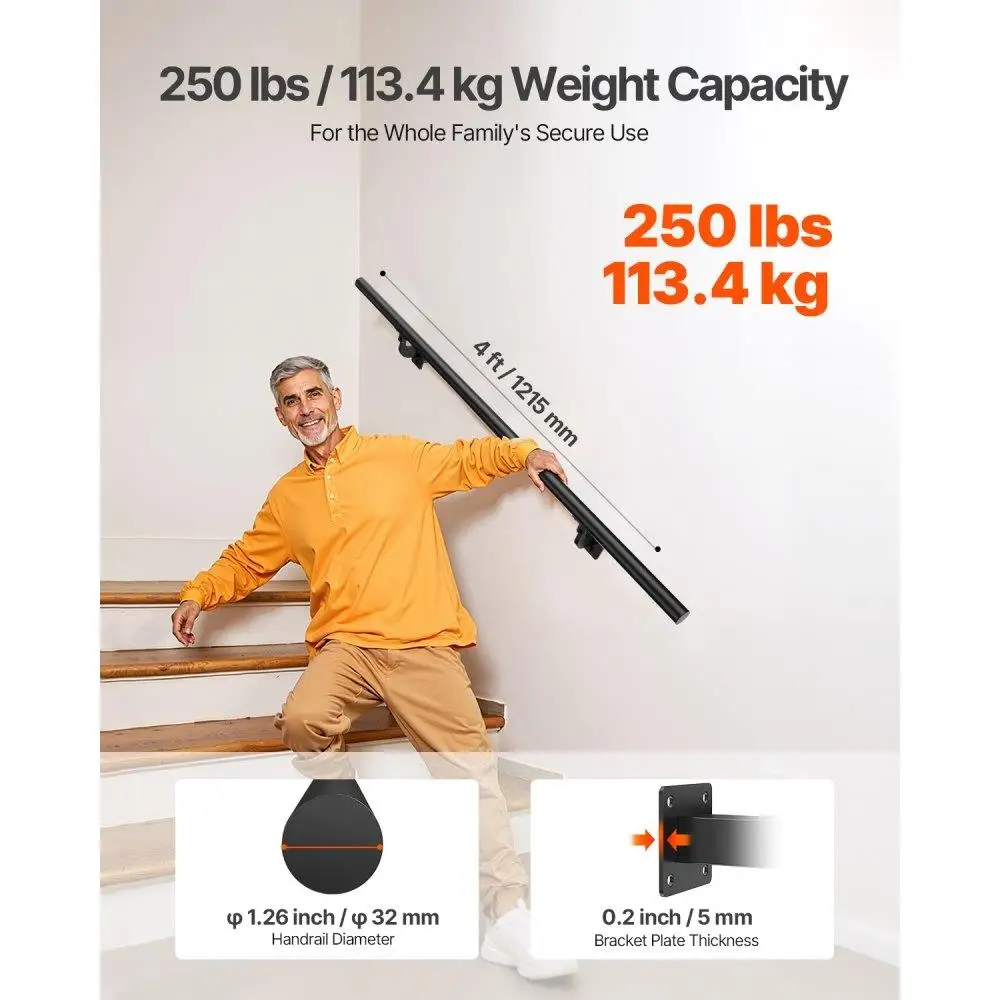 4ft Black Aluminum Wall Mounted Stair Handrail Indoor Outdoor Safety Railing Strong Durable Support