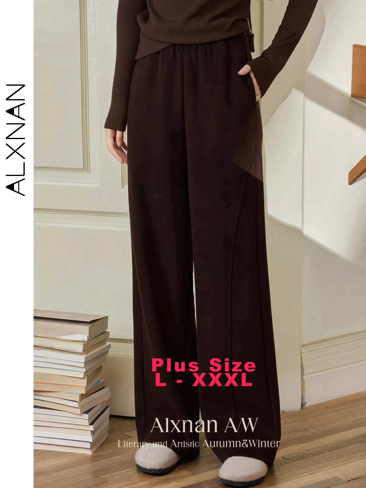 ALXNAN Women's Plus Size Elastic High Waist Pants Casual Slim Straight Wide Leg Trousers 2024 Fall Winter Female Bottoms D08119